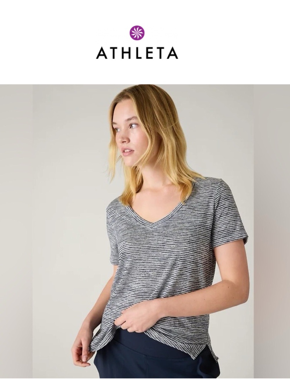Athleta Breezy Short-Sleeve V-Neck Striped Tee in navy and White